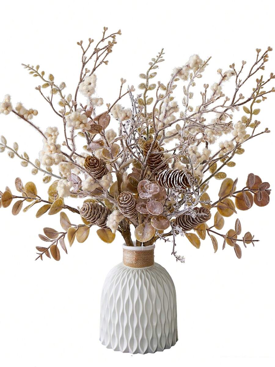 1 束人造植物仿松果和桉树茎假雪树枝适用于秋冬装饰家居婚礼派对餐桌装饰、情人节、生日毕业礼物 - 棕色 - 查看 1