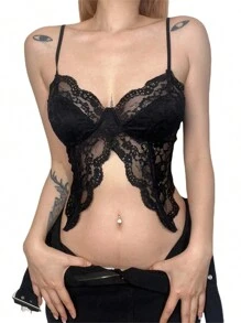 Women Lace Camisole, Sleeveless See-Through Slit Slim Summer Bralette For Club Party - 黑色 - 查看 1