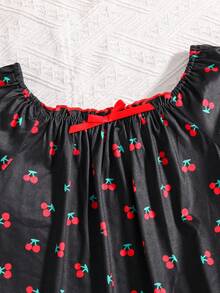 时尚优雅甜美休闲家居套装，方形领口设计长袖上衣和满满樱桃图案的裤子。采用褶边设计，适合女孩在春秋季穿着两件套睡衣 - 黑色 - 查看 6