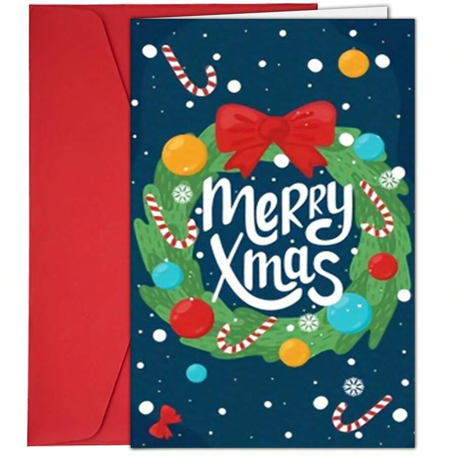 1 张带信封的复古圣诞贺卡 - 圣诞花环祝福图案，适合家人和朋友，理想的节日礼物 - 彩色 - 查看 1