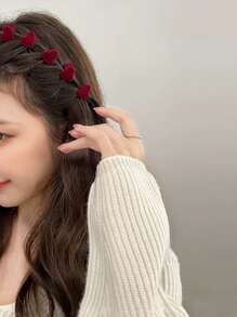 可爱红色植绒小爪夹，心形迷你侧夹，公主刘海发夹，女士植绒发饰，秋冬情人节发夹发夹发夹发夹爪夹秋季度假装女士 - 紅色 - 查看 3