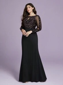 大尺碼女款優雅粉色圓領亮面網紗亮片魚尾晚禮服（厚實款）適合派對、舞會、節日 - 粉色 - 查看 4