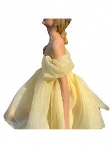 Women Summer Puffy Dress, Solid Color Square Neck Bubble Sleeve One-Piece Short Dress For Ladies, Pink/Purple/Yellow - Màu vàng - Xem 7