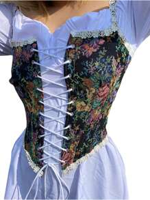 Womens Vintage Jacquard Bandage Camisole Boat Neck Flounce Irregular Suspender Corset - Black - View 5
