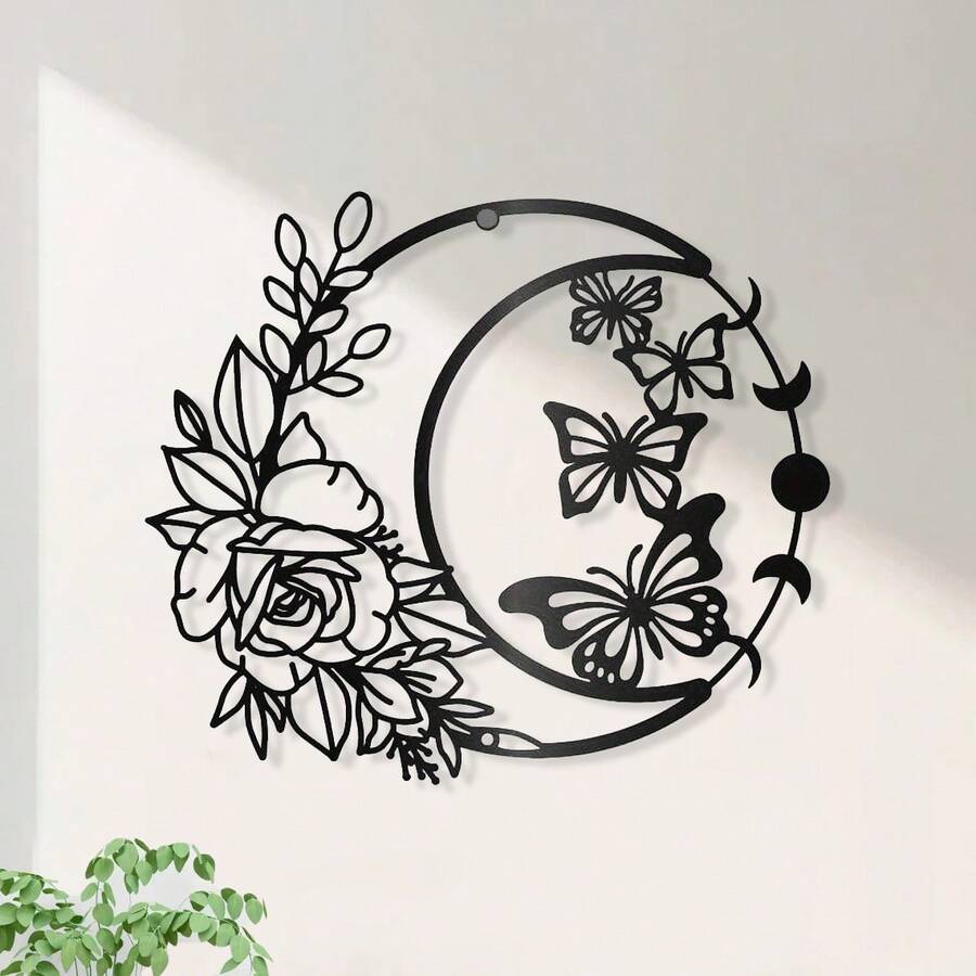 1 PC 30x26cm Mặt trăng Bướm Hoa Kim loại Trang trí tường, Phong cách mờ Treo tường Trang trí Hình bóng Nghệ thuật treo tường cho Nhà Vườn Khách sạn Văn phòng Trang trí lễ hội tường - màu đen - Xem 1