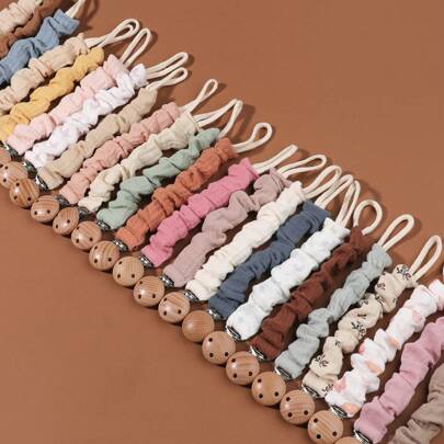 1pc Baby Infant Crinkly Fabric Stylish Print Pacifier Clip And Wooden 3-Slot Pacifier Holder, For Daily Use