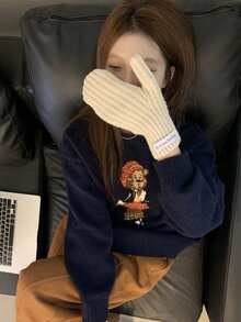 女士圆领长袖熊图案简约休闲上衣，适合日常穿着 - 藏蓝色 - 查看 8