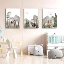 3 件野外冒险森林墙壁艺术帆布印刷品 - 木制框架，水彩鹿熊狐狸图片适用于男孩和女孩的房间装饰带框/无框 - 彩色 - 查看 10