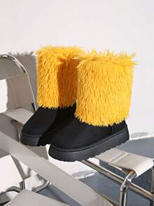 新款女士休闲保暖防滑撞色毛边拼接雪地靴，舒适黑色鞋子 - 黑色 - 查看 2