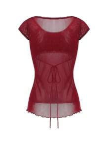 Womens Summer Y2K Lace Tops, Fairy Grunge Short Sleeve Low Cut Drawstring T-Shirt Cute Off Shoulder Square Neck Tee - Red - View 7