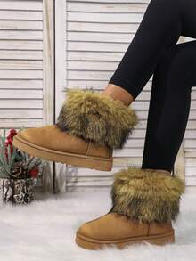 新款时尚休闲保暖防水防滑冬季撞色毛茸茸面板女式雪地靴，百搭黑色鞋 - 棕色 - 查看 5