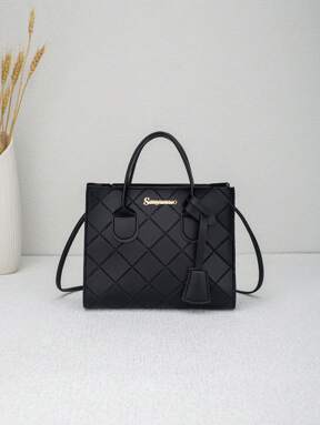 New Mini Square Bag, Litchi Grain Fabric Handbag, Women Small Crossbody Bag, Can Be Carried By Hand Or Shoulder, Suitable For Strolling And Shopping, Black Embossed Bag , Small Bags , Office