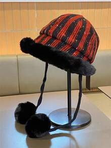 1 件双色格子和几何图案休闲可爱优雅复古波西米亚风格涤纶保暖耳罩防风抽绳渔夫帽，秋冬 - 彩色 - 查看 2