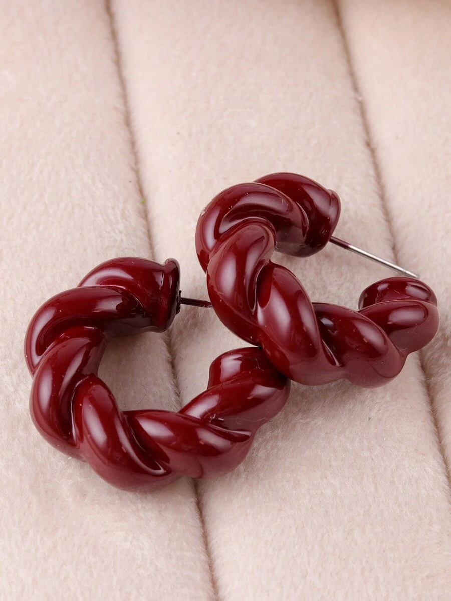 1 对复古亚克力 C 形女式环形耳环，优雅简约 - 酒紅色 - 查看 1