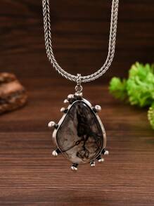 1pc Vintage Chic Chunky Necklace With Distressed Silver/Gold Color Metal And Resin Ink Floral Pattern Drops, Suitable For Sweaters In Autumn/Winter And Year-Round Wear. Each Resin Piece Is Handcrafted With Unique Patterns.
