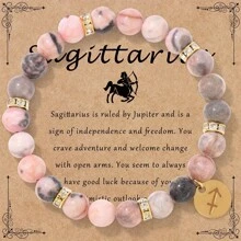 1 pieza Nuevo brazalete de cuentas de jaspe rosa con estampado de cebra de 8mm, Pulsera elástica con 12 signos del zodíaco, Juego de pulseras para pareja, Regalo de cumpleaños de joyería