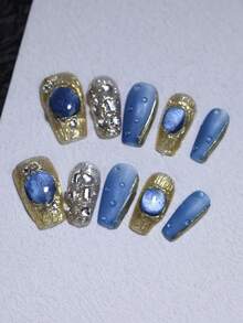 3D 巴洛克复古蓝色玻璃猫眼美甲设计手工指甲 100% 手工制作按压指甲可重复使用 10 件短芭蕾指甲尖带闪光金色金属装饰适合女士日常和派对使用 - 咖啡棕 - 查看 3