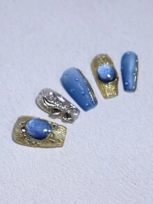 3D 巴洛克复古蓝色玻璃猫眼美甲设计手工指甲 100% 手工制作按压指甲可重复使用 10 件短芭蕾指甲尖带闪光金色金属装饰适合女士日常和派对使用 - 咖啡棕 - 查看 2