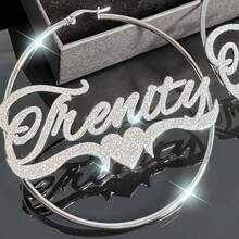 1 chiếc vòng cổ và hoa tai tên tùy chỉnh bằng vàng hồng bạc - Mặt dây chuyền hình trái tim bằng thép không gỉ Personalglitter - Hoa tai vòng lớn - Trang sức thời trang cho phụ nữ không cần mạ - Lý tưởng làm quà tặng Giáng sinh và trang phục dự tiệc Lễ Tạ ơn Giáng sinh - Bạc - Xem 9