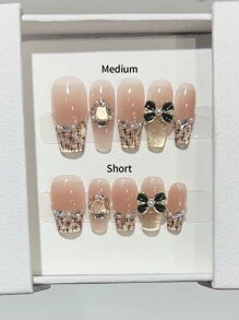 10pcs Medium-Long Trapezoidal Nail Tips, Instagrammable Soft Nude Color With Gilded Feline Eye And Crystal Decal, Handmade Nail Art Strips Suitable For Daily Wear