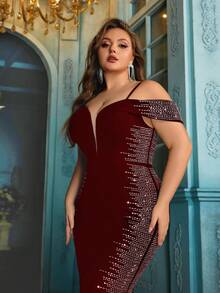 QOQ Glamorous Mature Plus Size Rhinestone Halter Floor Length Women Gown Dresses - Burgundy - View 6