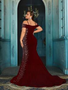 QOQ Glamorous Mature Plus Size Rhinestone Halter Floor Length Women Gown Dresses - Burgundy - View 2