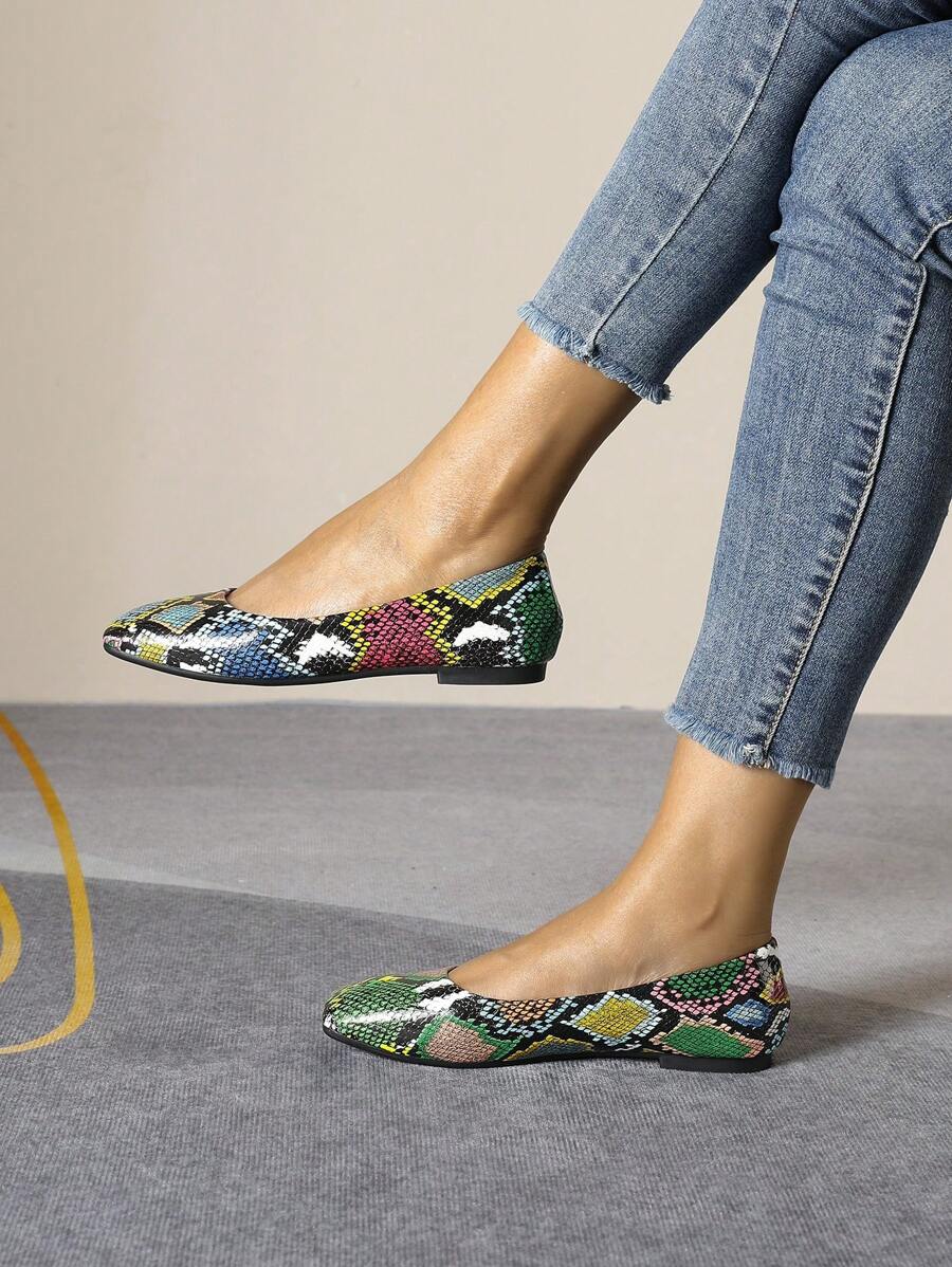 Gemischte Drucke Quadratische Zehenform Flache Slippers für Frauen, Vielseitige Loafers mit niedrigem Absatz und Schlangenmuster, Europäisch-Amerikanischer Stil