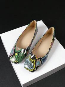 Gemischte Drucke Quadratische Zehenform Flache Slippers für Frauen, Vielseitige Loafers mit niedrigem Absatz und Schlangenmuster, Europäisch-Amerikanischer Stil