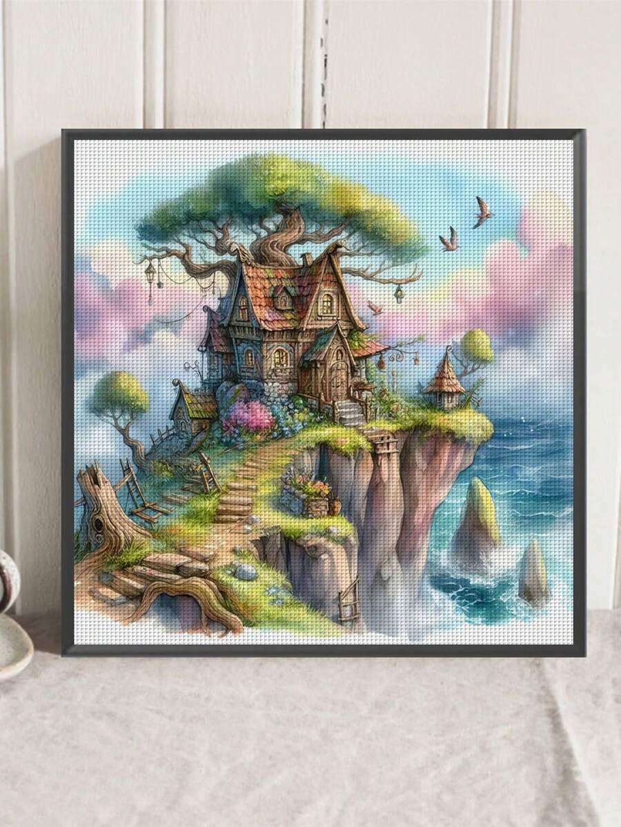 1 套海滩小屋十字绣绘画套件，DIY 刺绣用品，混合颜色高品质线，11CT 十字绣装饰画设计，完整的家居装饰刺绣工艺品，适用于入口、书房、卧室装饰，无框 - 彩色 - 查看 1