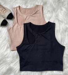 BIA KIT WITH 2 WOMEN'S CROPPED TOPS IN SUPLEX FABRIC WITH HOLE DETAIL ON THE SHOULDER, SUMMER - 黑色 - 查看 1