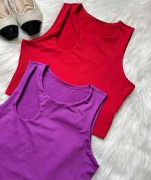 BIA KIT WITH 2 WOMEN'S CROPPED TOPS IN SUPLEX FABRIC WITH HOLE DETAIL ON THE SHOULDER, SUMMER - Màu Hoa hồng đỏ - Xem 4