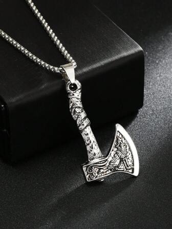 1pc New Viking Pirate Jewelry Celtic Wolf & Raven Double-Sided Axe Pendant Necklace, Men Vintage Titanium Steel Long Sweater Necklace, Wholesale, Birthday Gift, Unique Stainless Steel Color Won't Fade