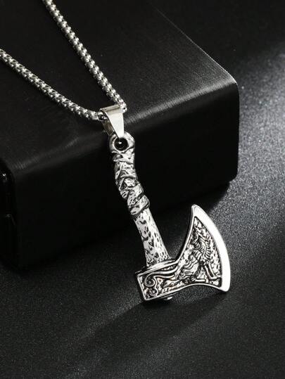 1pc New Viking Pirate Jewelry Celtic Wolf & Raven Double-Sided Axe Pendant Necklace, Men Vintage Titanium Steel Long Sweater Necklace, Wholesale, Birthday Gift, Unique Stainless Steel Color Won't Fade