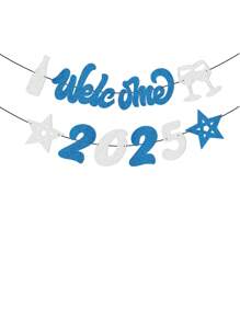 欢迎 2025 标志新年派对横幅，闪光香槟星装饰庆祝 2025 年新年悬挂花环彩旗装饰，新年派对背景用品 - 彩色 - 查看 12