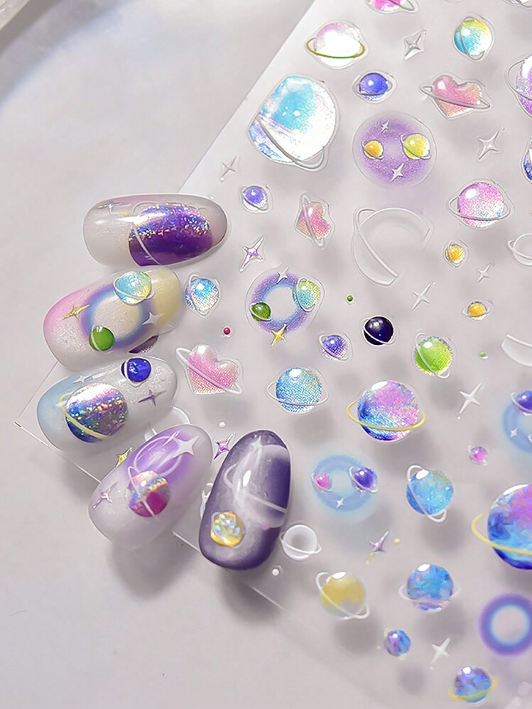 1 张 5D 浮雕明亮多彩星球月亮星星粘性指甲贴纸猫眼效果美甲贴花饰品供应商 - 彩色 - 查看 2