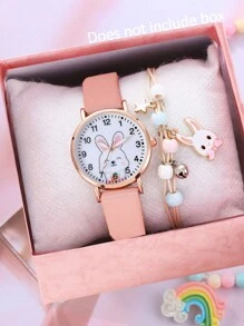 Cartoon Cute Rabbit Watch For Girl, Quartz Style + Rabbit Charm Bracelet, Suitable As Gift For Students - Pink - View 1