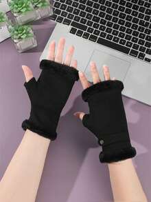 1 双舒适毛绒衬里半指手套，舒适柔软保暖衬里无指手套 - 厚实，保暖针织，柔软天鹅绒饰边，臂部保暖器，毛茸茸的手套，时尚无指腕袖短袖，非常适合秋冬季户外活动、骑自行车、徒步旅行、办公室防寒保暖手套 - 彩色 - 查看 1