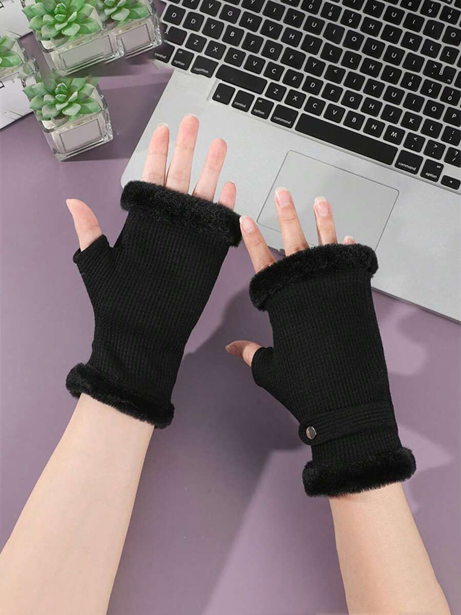 1 双舒适毛绒衬里半指手套，舒适柔软保暖衬里无指手套 - 厚实，保暖针织，柔软天鹅绒饰边，臂部保暖器，毛茸茸的手套，时尚无指腕袖短袖，非常适合秋冬季户外活动、骑自行车、徒步旅行、办公室防寒保暖手套 - 彩色 - 查看 1