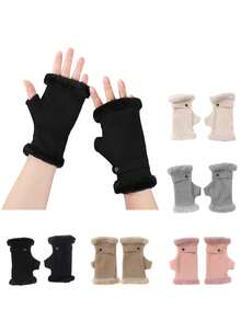 1 双舒适毛绒衬里半指手套，舒适柔软保暖衬里无指手套 - 厚实，保暖针织，柔软天鹅绒饰边，臂部保暖器，毛茸茸的手套，时尚无指腕袖短袖，非常适合秋冬季户外活动、骑自行车、徒步旅行、办公室防寒保暖手套 - 彩色 - 查看 7