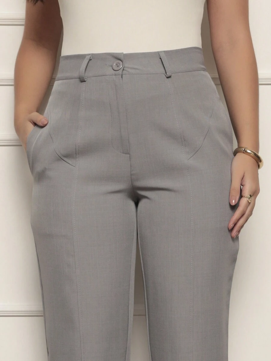 Women's Straight Trousers In Twill Fabric - Elegant Detail Near The Pocket - 灰色 - 查看 1