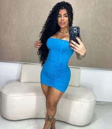 Women's Strapless Short Bodycon Dress With Cups And Ruched Detail In Suplex Fabric - Foreign Fashion Trend! - 藍色 - 查看 1