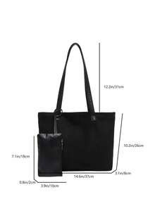 母女两件套零钱包，复古纯色大容量休闲单肩托特包，磨砂麂皮大包，撞色休闲托特包，磨砂纯色大包，优雅多功能通勤女士托特包 - 黑色 - 查看 2