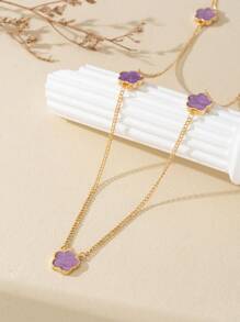 1 buah Kalung Panjang Liontin Daun Semanggi Ungu yang Modis dan Elegan, Cocok untuk Dipadukan dengan Sweater - Purple - View 4