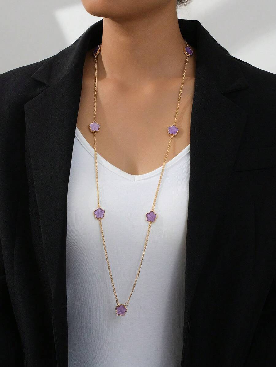 1 buah Kalung Panjang Liontin Daun Semanggi Ungu yang Modis dan Elegan, Cocok untuk Dipadukan dengan Sweater - Purple - View 1