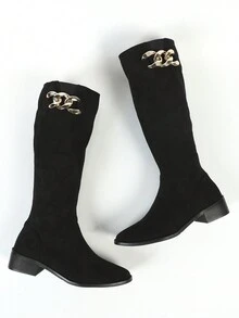 New Black Minimalist Design Zipper Inside Easy To Wear, Leg Lengthening, Height Increasing Round Toe, Chunky Heel, Metal Chain Decor Fashion Tall Boots For Women - Black - View 2