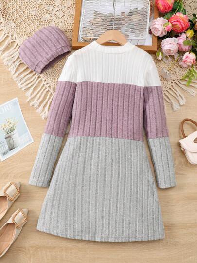 2pcs Tween Girl Autumn/Winter Ribbed Long Sleeve Dress, White/Pink/Gray Patchwork Dress + Hat Set