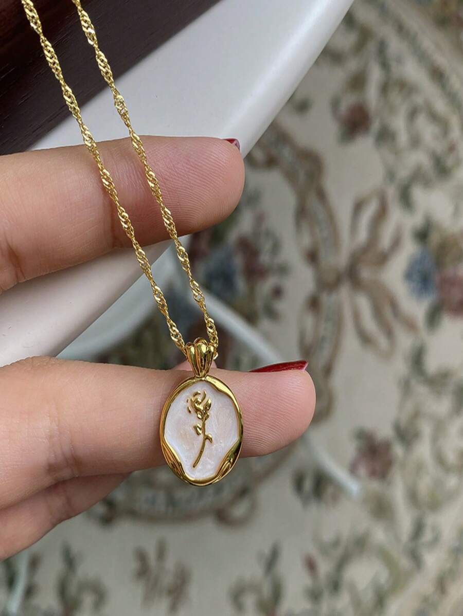 1 件复古白色简约玫瑰花吊坠项链，金属圆形吊牌锁骨链，甜美小众设计颈链，适合日常佩戴或派对，简约优雅的情人节、妈妈、母亲、母亲节、礼物