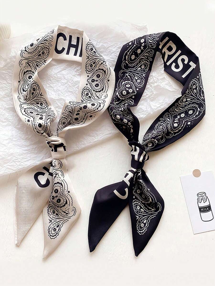 2 件/套女士优雅佩斯利和字母图案头带和小围巾，适合春秋季节，头巾、发带、头带非常适合装扮您的外观 - 彩色 - 查看 1