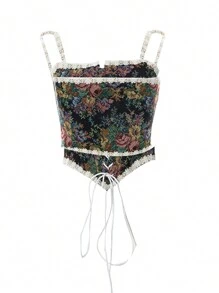Womens Vintage Jacquard Bandage Camisole Boat Neck Flounce Irregular Suspender Corset - Black - View 7