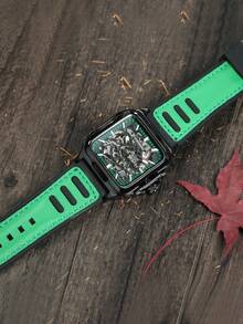 FORSINING 1 件男士时尚运动机械表夜光指针方形镂空自动手表绿色橡胶皮表带商务休闲腕表礼品带盒 - 黑色 - 查看 6